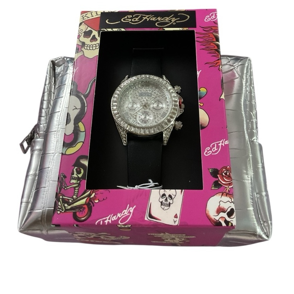 Ed Hardy Women's Black and Silver Watch & Cosmetic Bag Set RT $120